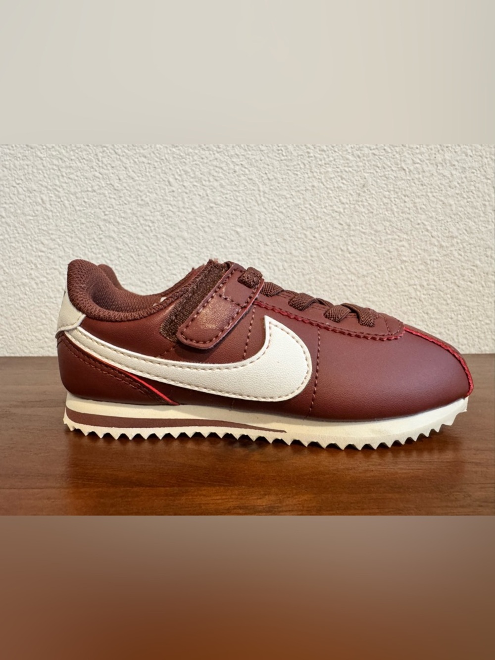 Nike Toddler CORTEZ Maroon Sneaker with White Swoosh and Red Accent